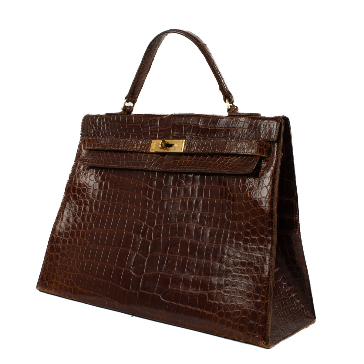Hermès 1930s Kelly 35 Brown Shiny Porosus Crocodile