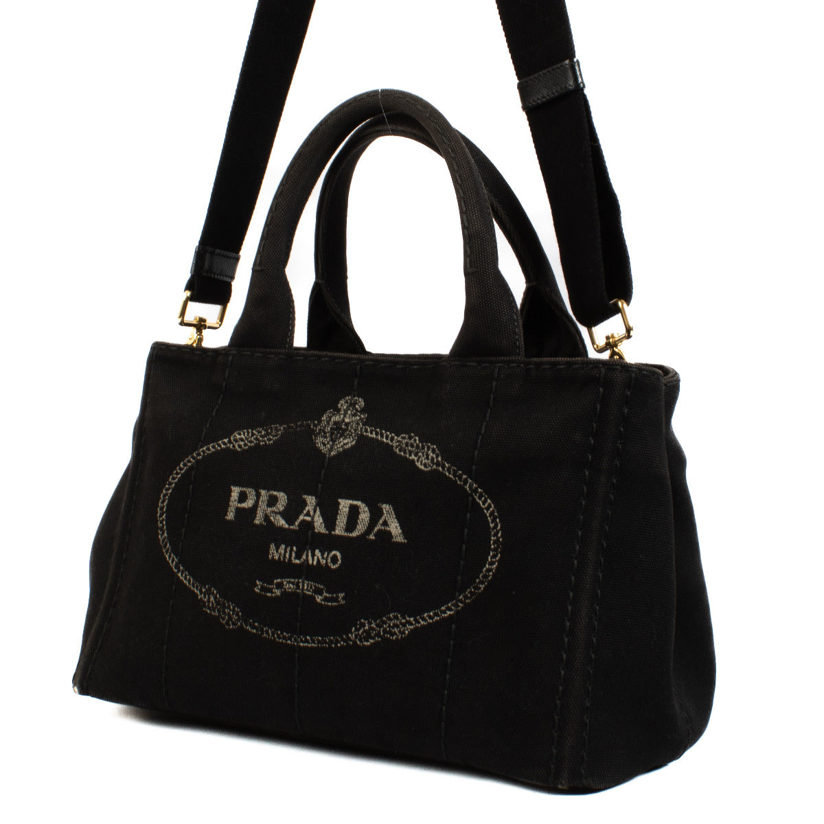 Prada Zwarte Katoenen Canvas Canapa Kleine Tote Bag