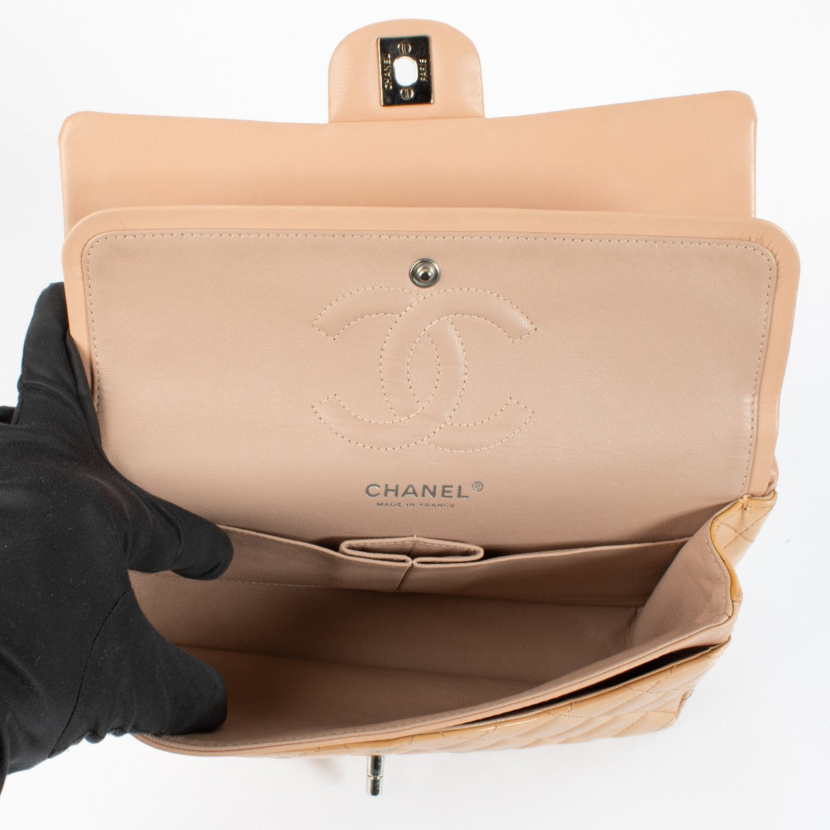 shop 100% authentic second hand Chanel Beige Patent Medium Classic Flap Bag on Labellov.com
