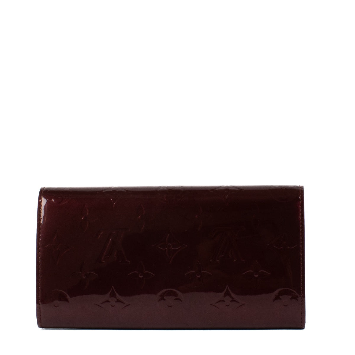 Shop safe online at Labellov in Antwerp, Brussels and Knokke this 100% authentic second hand Louis Vuitton Amarante Monogram Vernis Sarah Wallet