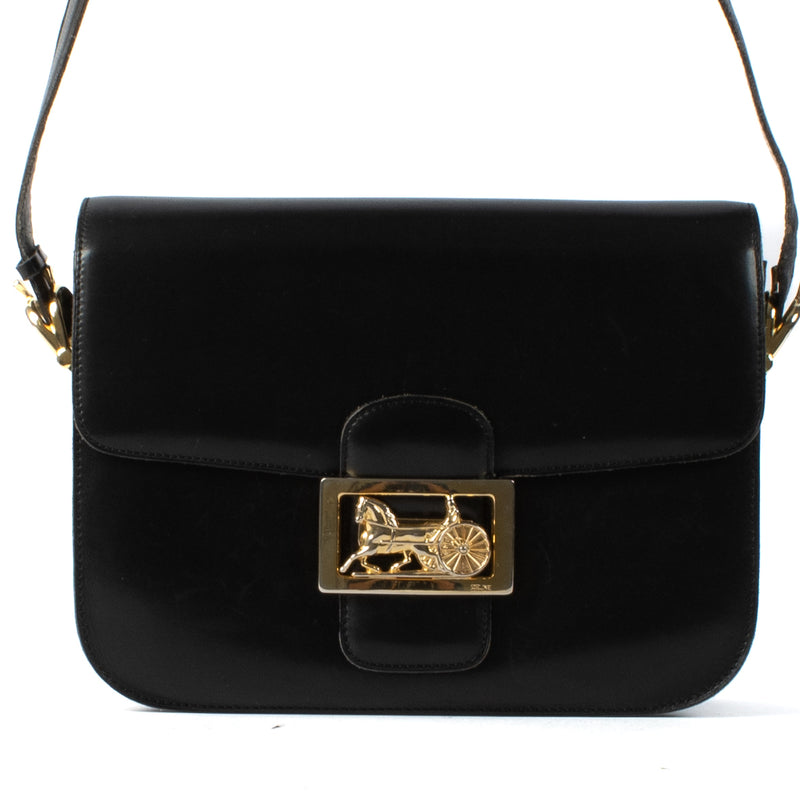 Celine Black Smooth Leather Horse Carriage Box Bag