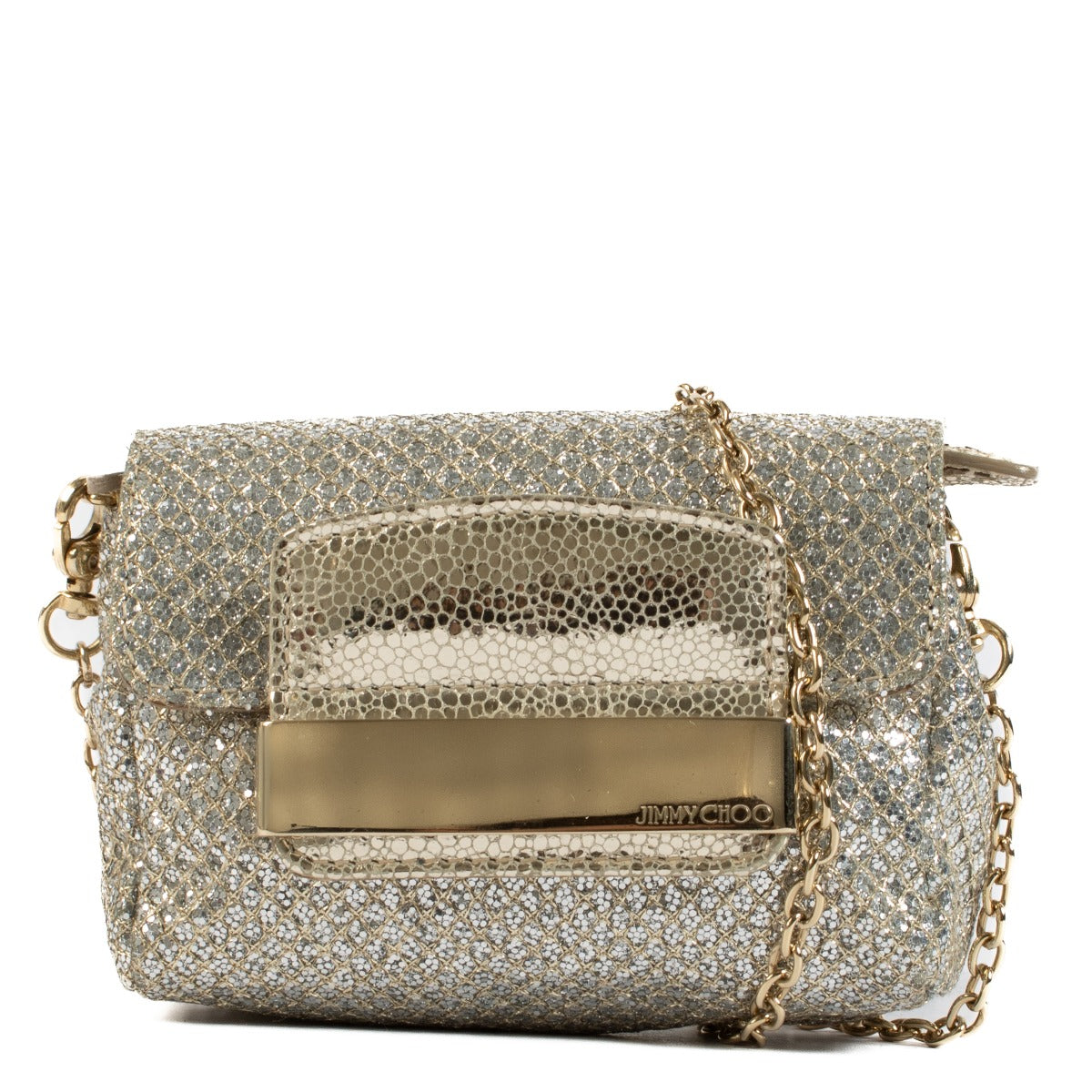 Shop 100% authentic secondhand Jimmy Choo Gold Rebel Glitter Mini Crossbody Bag online on Labellov.com