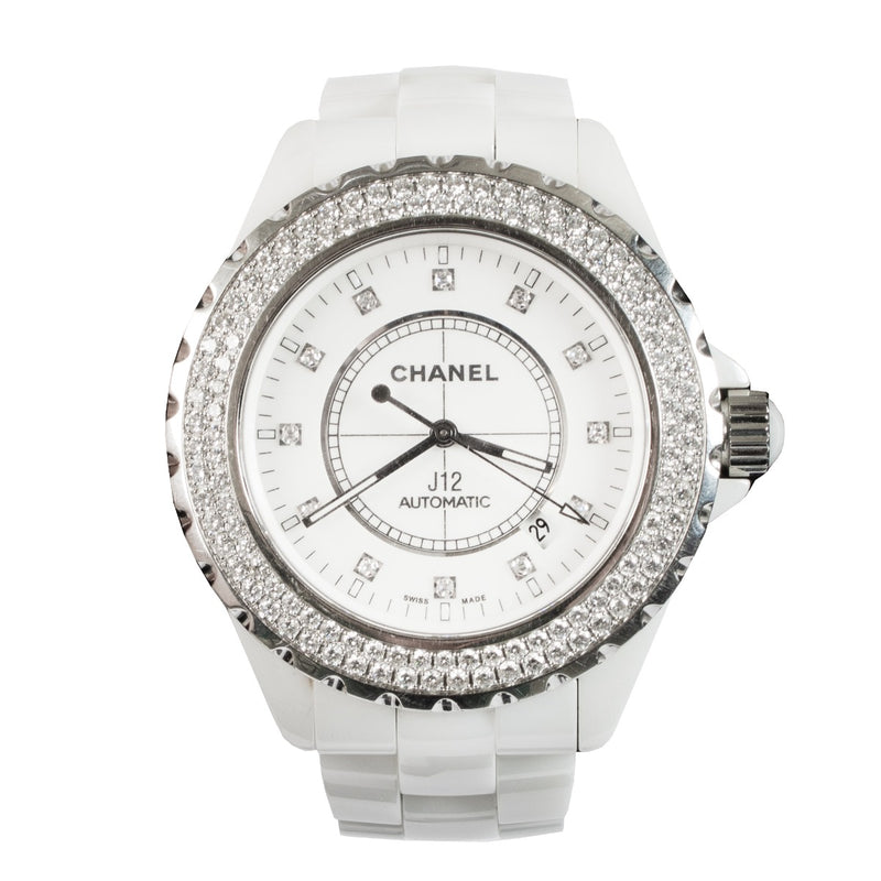 Chanel White Ceramic Diamonds J12 42mm H2013 Watch