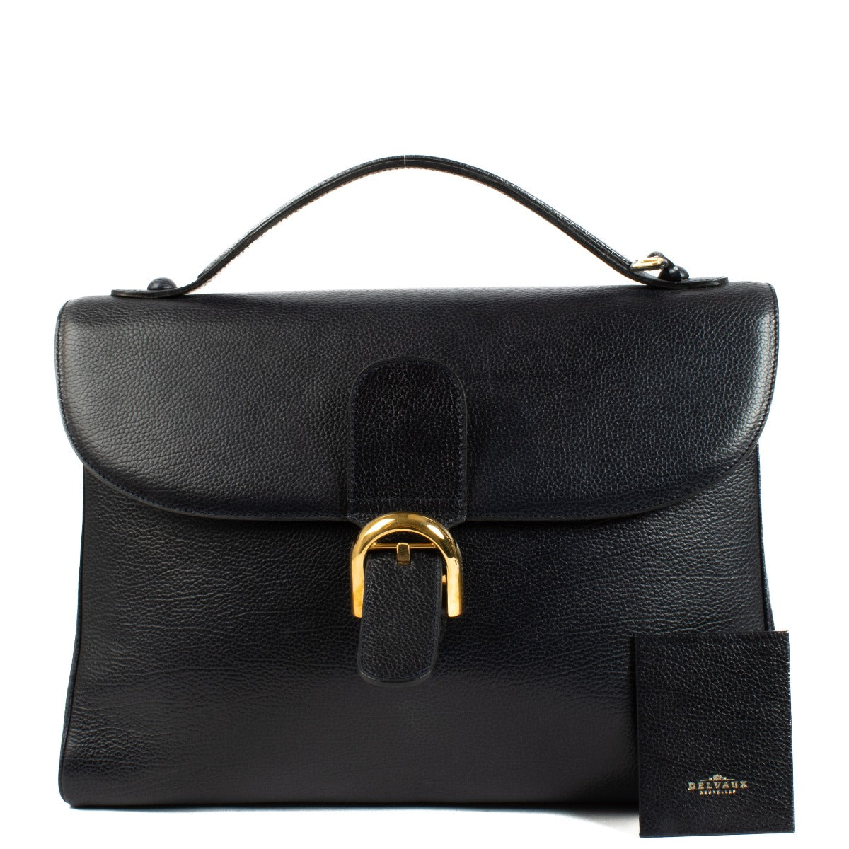 Delvaux Blue Brillant Briefcase in grained leather, featuring a structured silhouette, signature gold buckle, and spacious interior for office essentials. Shop at Labellov.