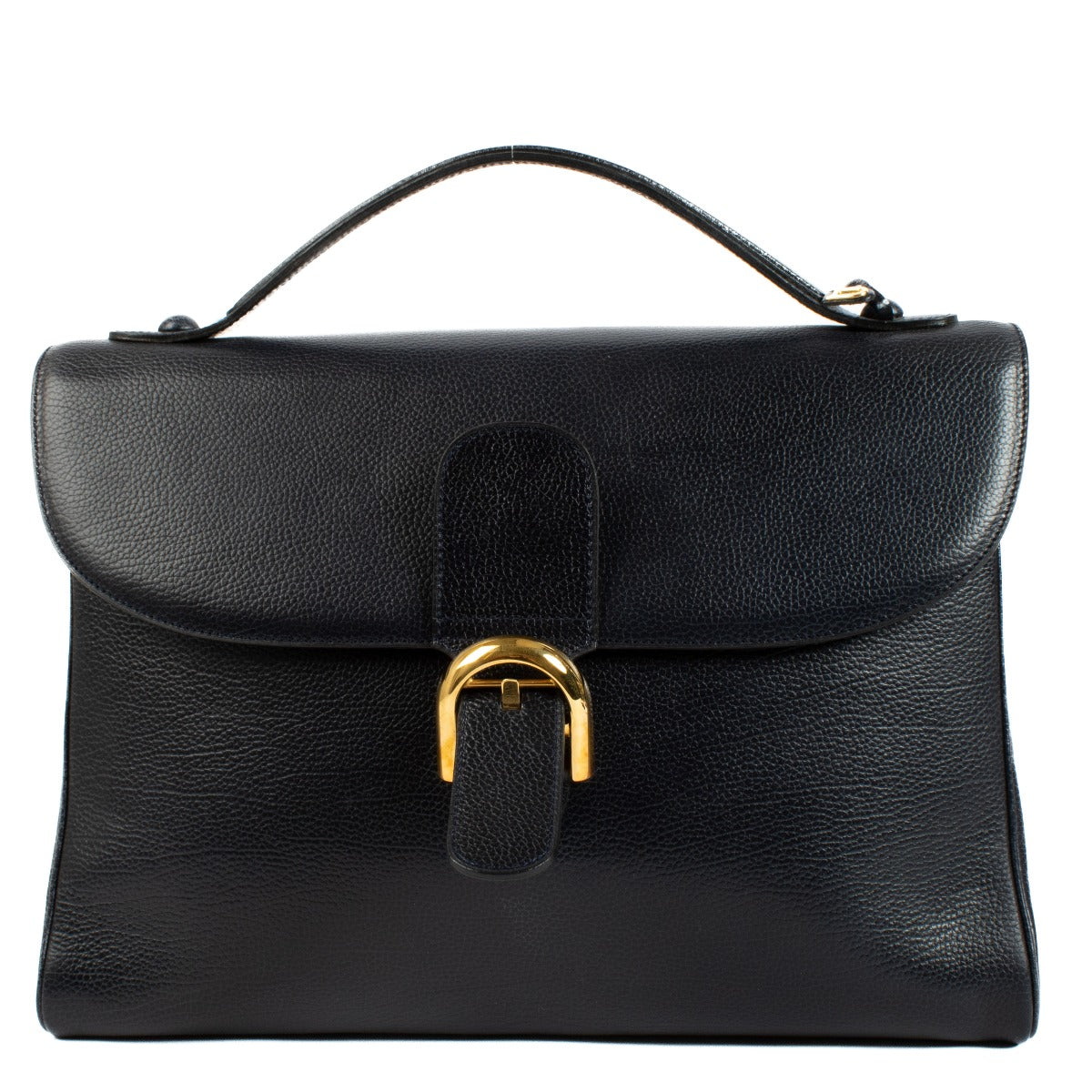 Delvaux Blue Brillant Briefcase in grained leather, featuring a structured silhouette, signature gold buckle, and spacious interior for office essentials. Shop at Labellov.