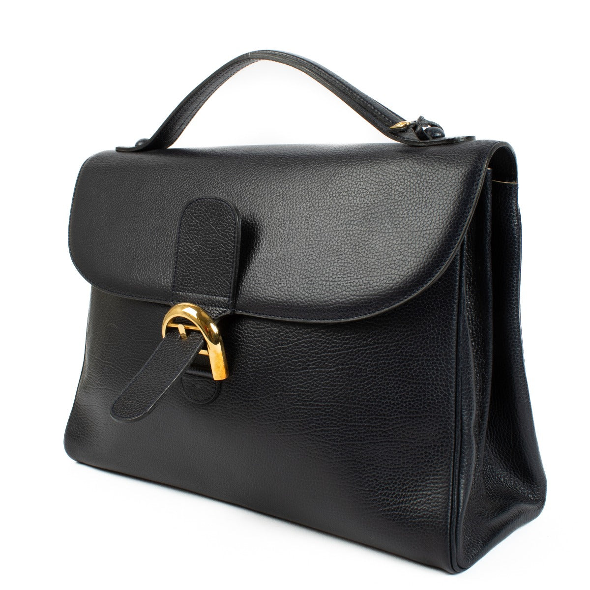Delvaux Blue Brillant Briefcase in grained leather, featuring a structured silhouette, signature gold buckle, and spacious interior for office essentials. Shop at Labellov.