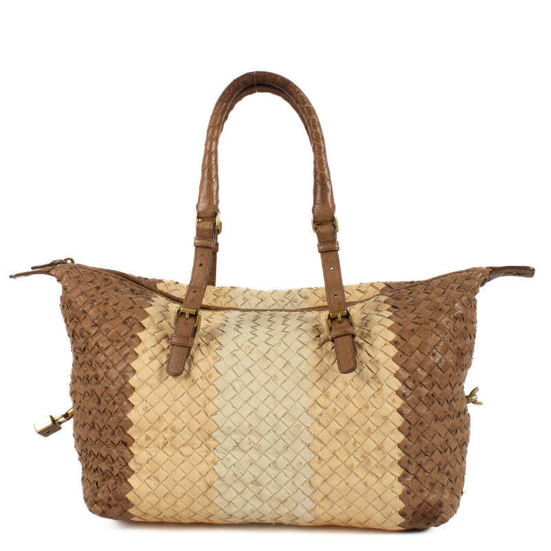 Bottega Veneta Tri-Color Intreccaito Ostrich Tote Bag