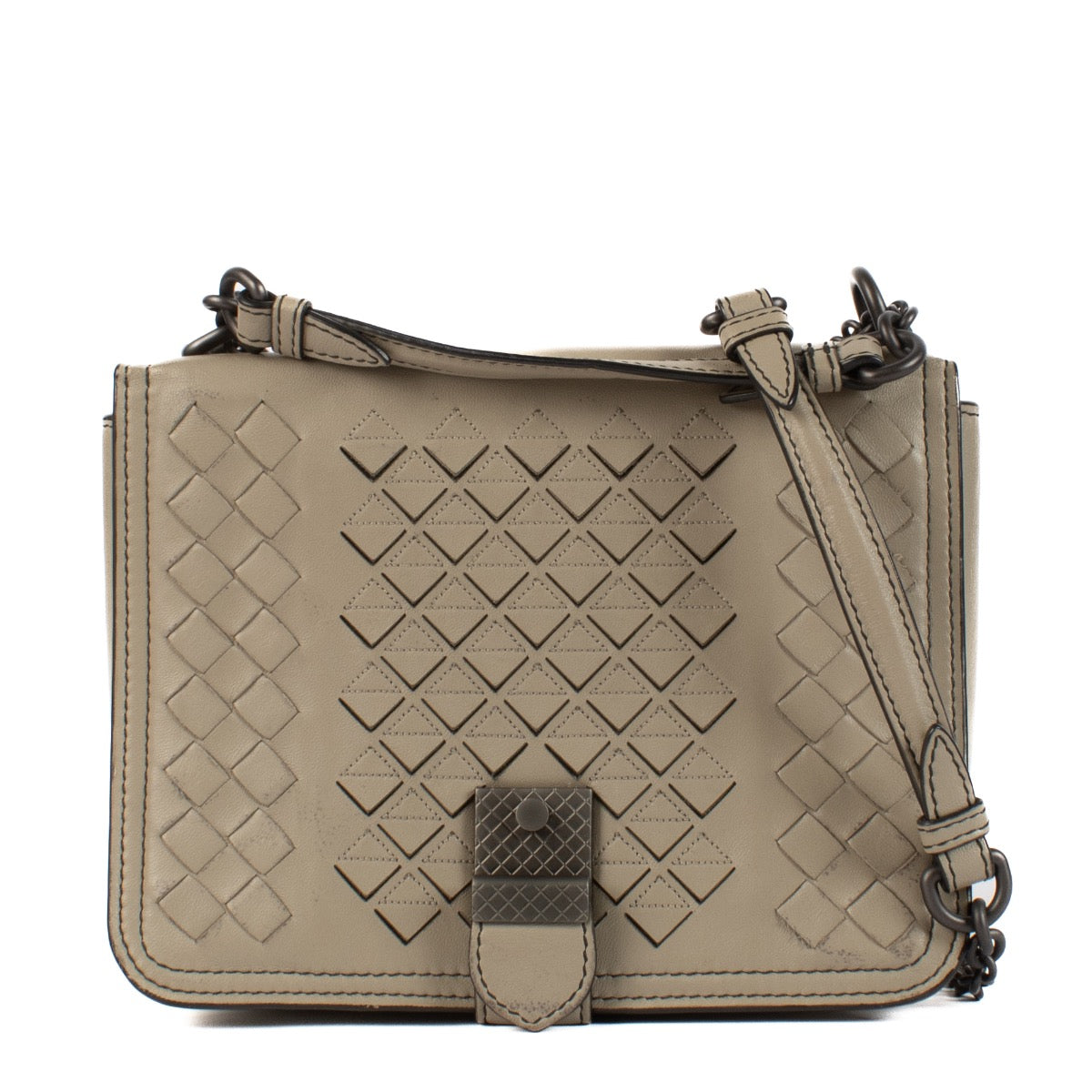 Shop safe online at Labellov in Antwerp, Brussels and Knokke these 100% authentic second hand Bottega Veneta Taupe Mini Runway Crossbody Bag