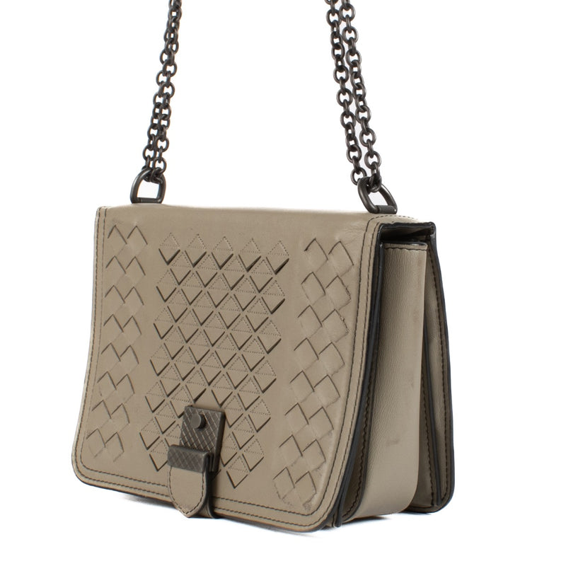 Shop safe online at Labellov in Antwerp, Brussels and Knokke these 100% authentic second hand Bottega Veneta Taupe Mini Runway Crossbody Bag