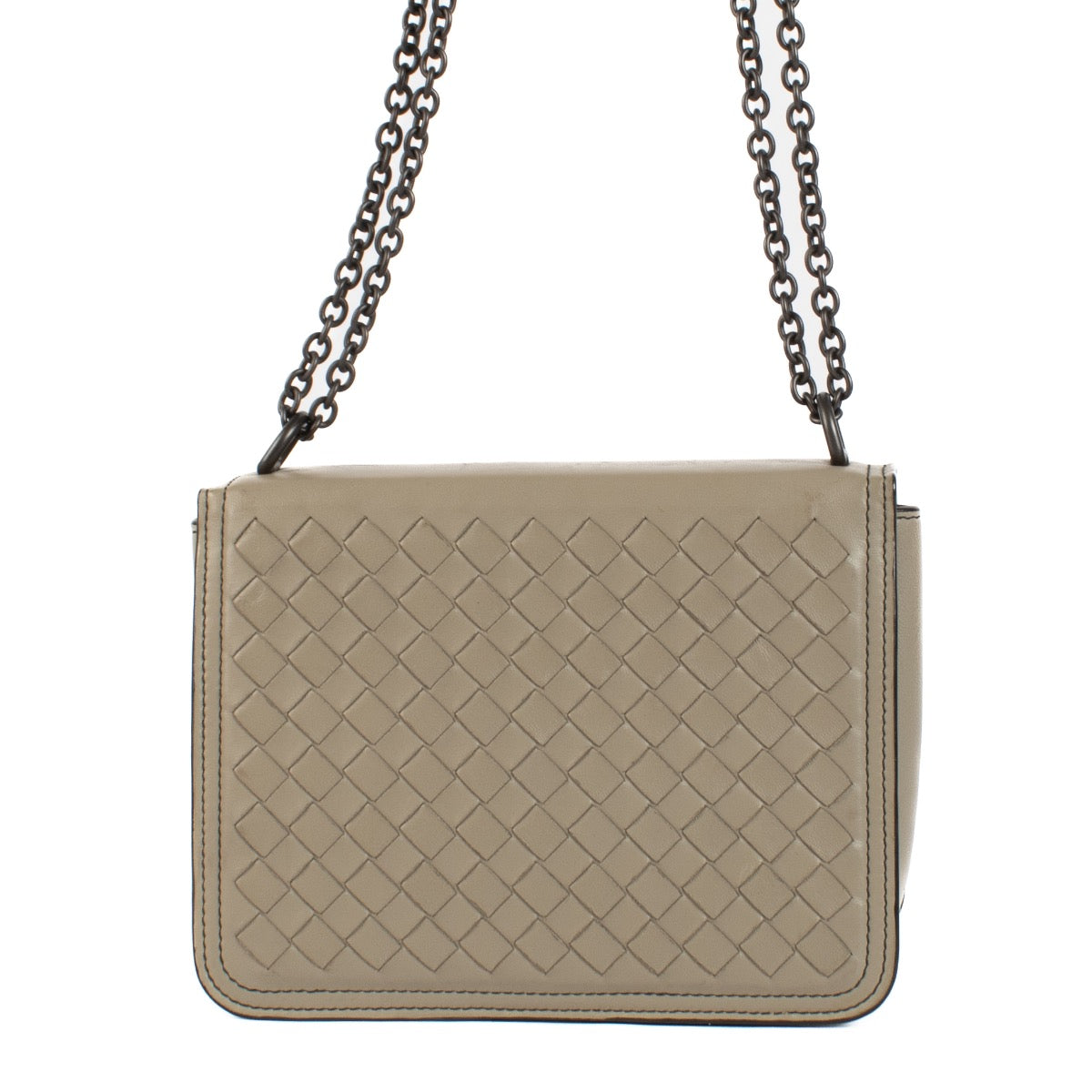 Shop safe online at Labellov in Antwerp, Brussels and Knokke these 100% authentic second hand Bottega Veneta Taupe Mini Runway Crossbody Bag