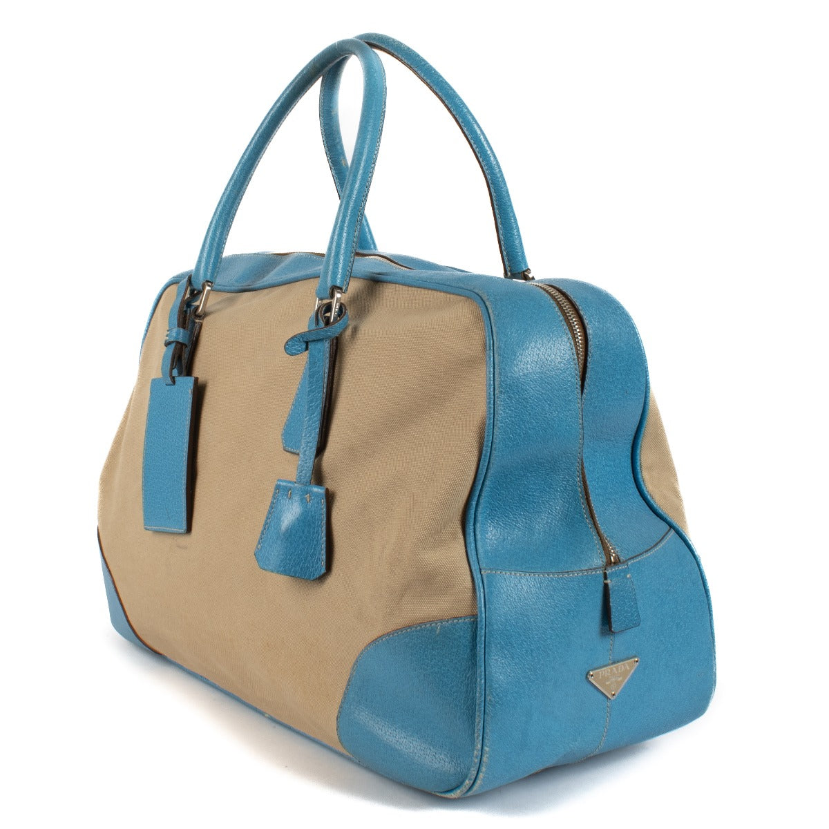 Prada Canvas/Blue Leather Large Duffle Bag