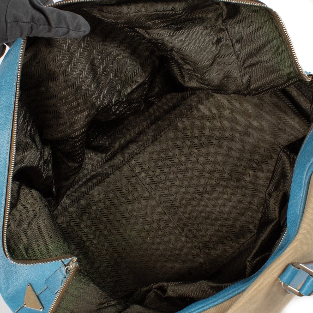 Prada Canvas/Blue Leather Large Duffle Bag