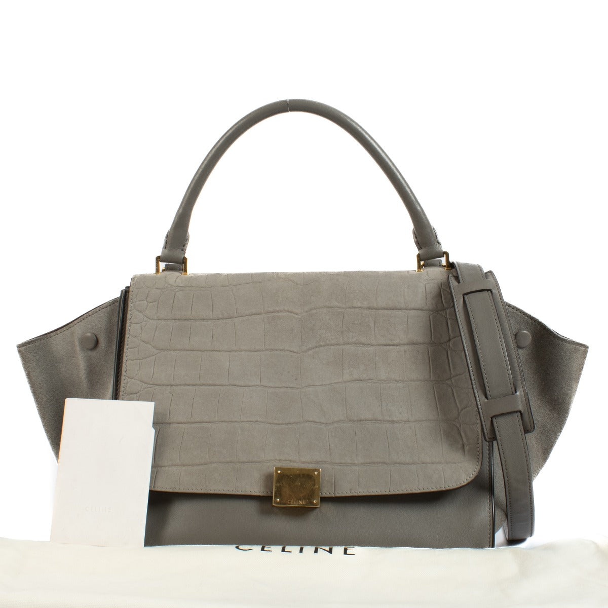Shop safe online at Labellov in Antwerp, Brussels and Knokke this 100% authentic second hand Celine Grey Crocodile Embossed Medium Trapeze Bag