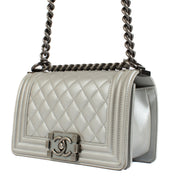 Shop safe online at Labellov in Antwerp, Brussels and Knokke this 100% authentic second hand Chanel Silver Quilted Small Boy Bag