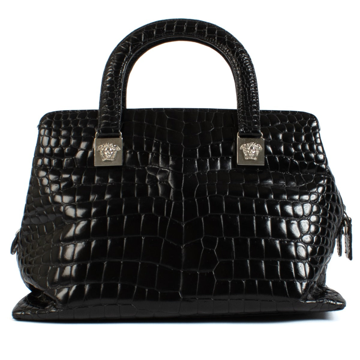 Gianni Versace Vintage Zwarte Krokodillenprint Medusa Schoudertas