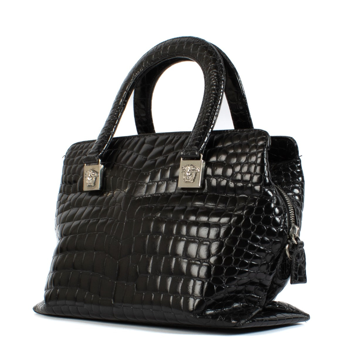 Gianni Versace Vintage Zwarte Krokodillenprint Medusa Schoudertas