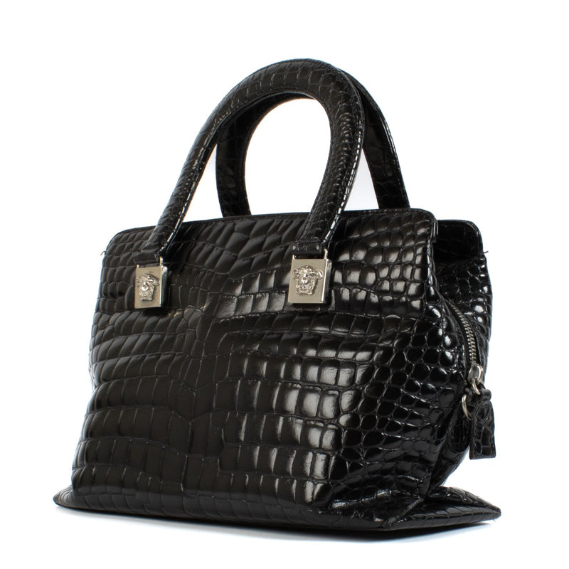 Gianni Versace Vintage Black Crocodile Embossed Medusa Tote Bag