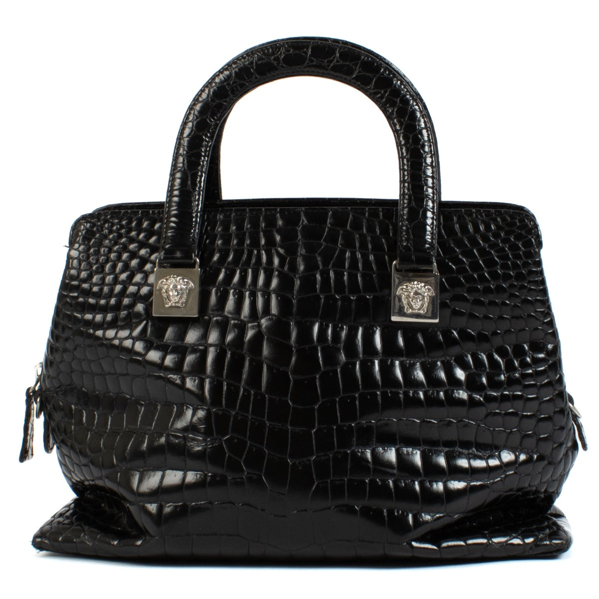 Gianni Versace Vintage Zwarte Krokodillenprint Medusa Schoudertas