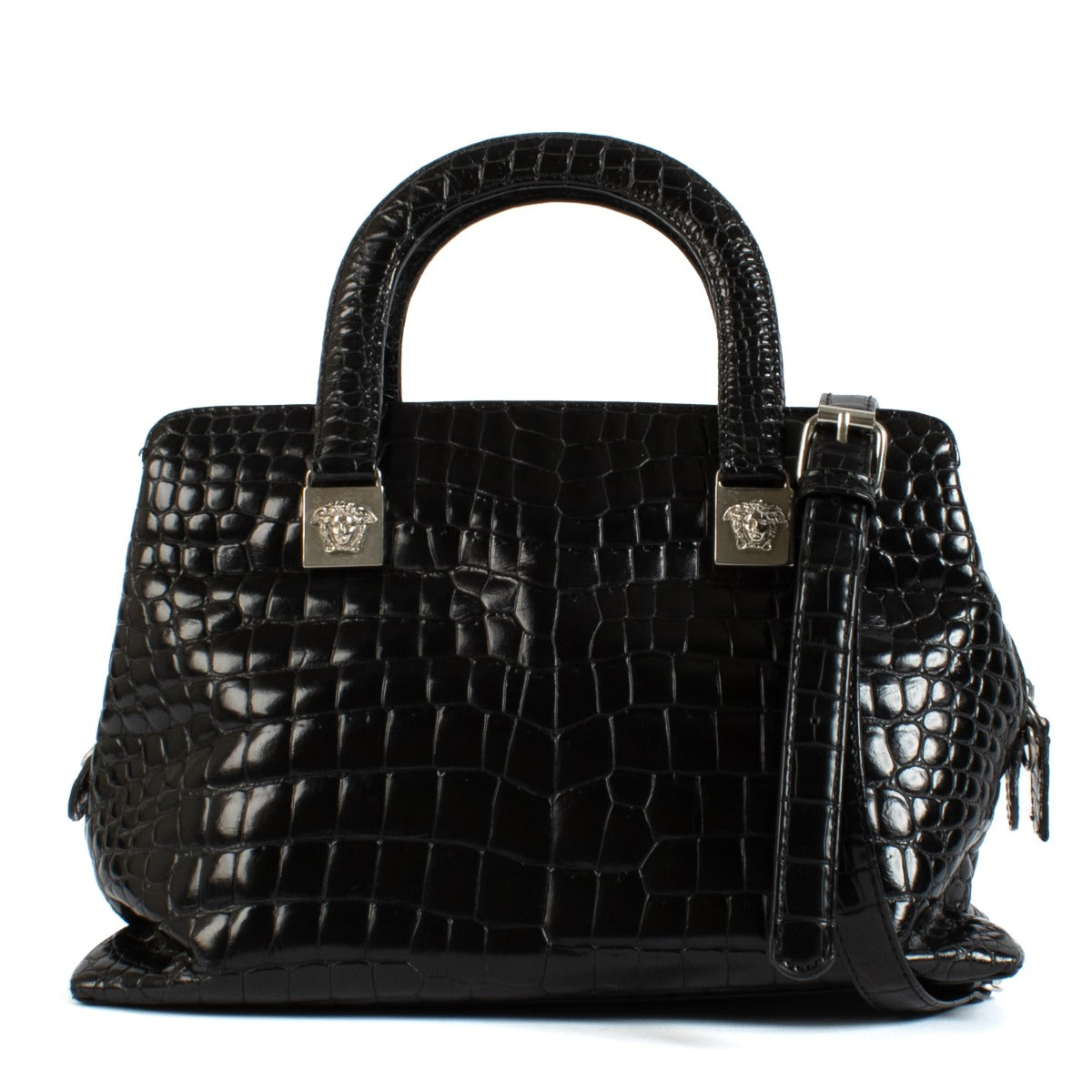 Gianni Versace Vintage Zwarte Krokodillenprint Medusa Schoudertas