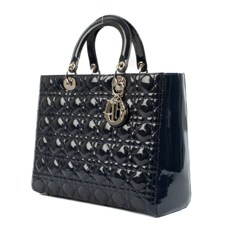 Christian Dior Blue Patent Leather Large Lady Dior Bag