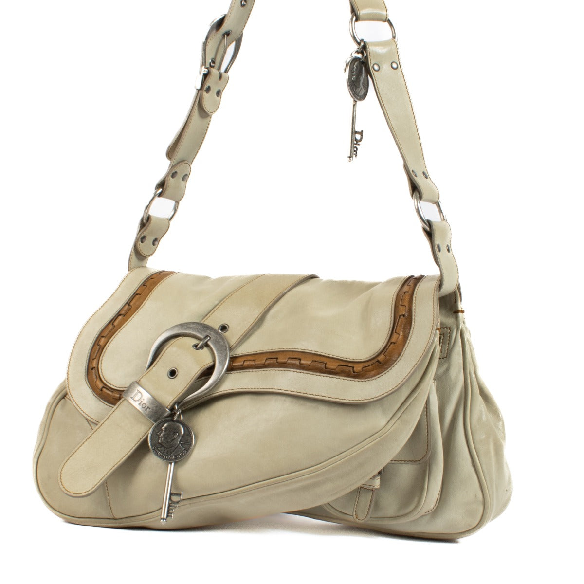 Sac porté épaule Christian Dior Gaucho large en toile beige