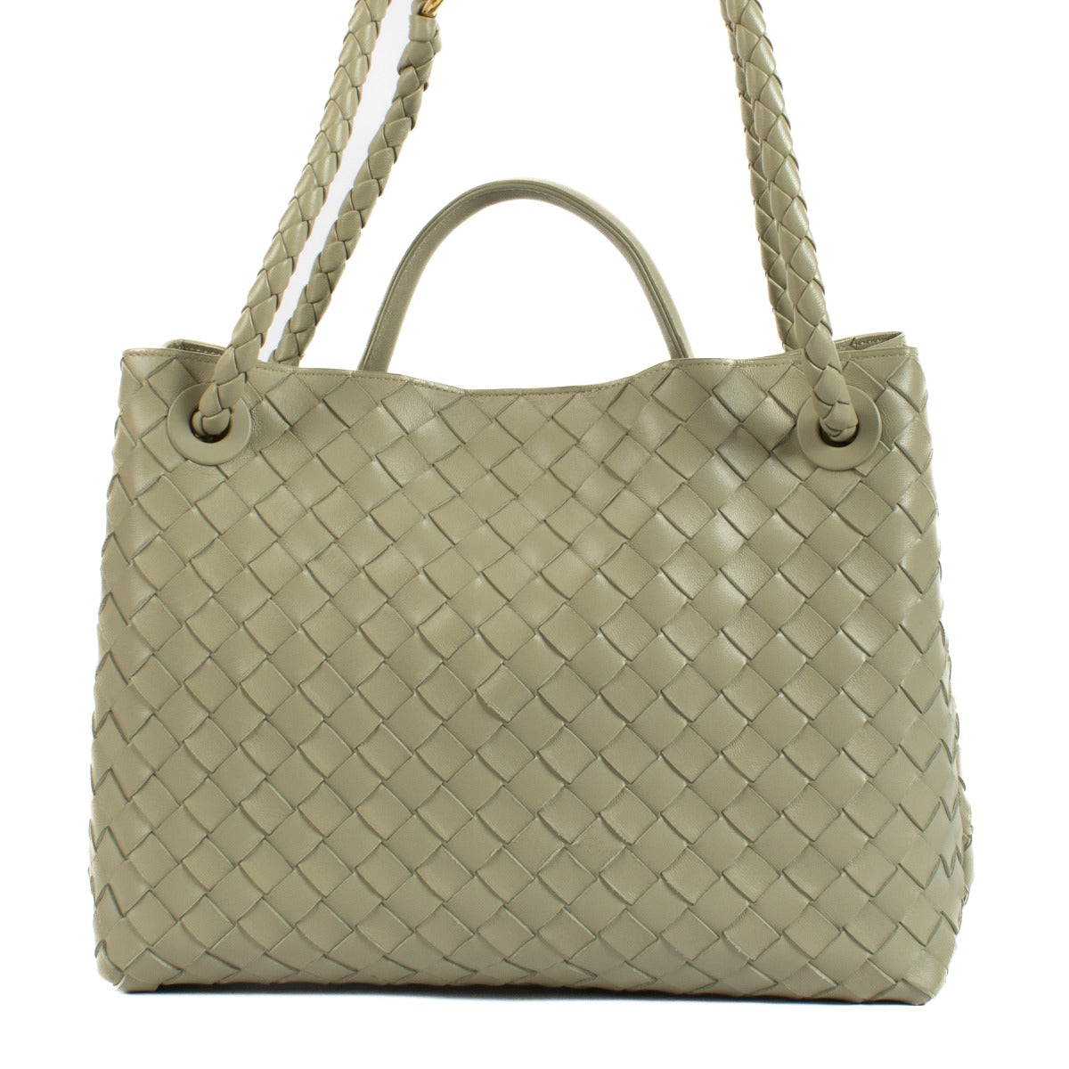 Shop safe online at Labellov in Antwerp, Brussels and Knokke this 100% authentic second hand Bottega Veneta Travertine Medium Andiamo Bag