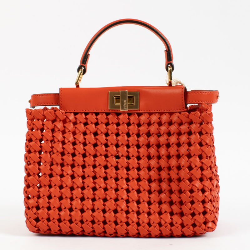 Shop safe online at Labellov in Antwerp, Brussels and Knokke this 100% authentic second hand Fendi Red Woven Leather Mini Peekaboo Bag