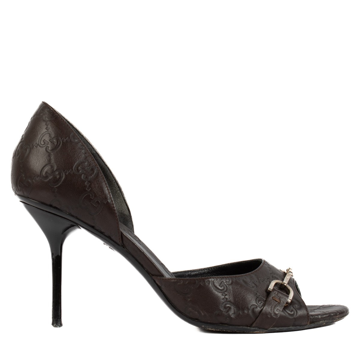 Shop safe online at Labellov in Antwerp, Brussels and knokke this 100% authentic second hand Gucci Brown Guccissima Open Toe Pumps - Size 39