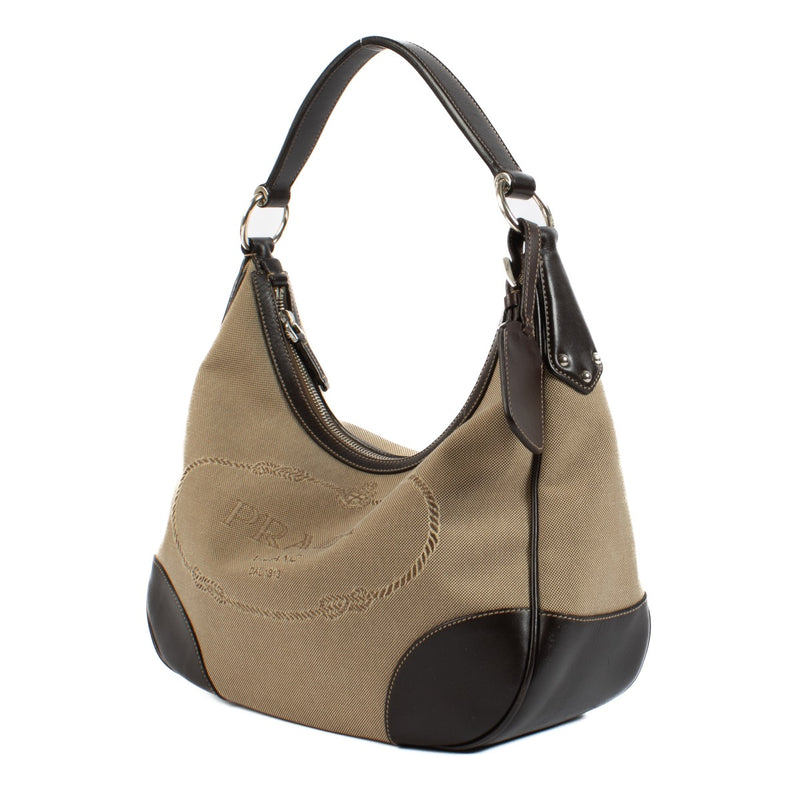 Shop safe online at Labellov in Antwerp, Brussels and knokke this 100% authentic second hand Prada Brown Logo Jacquard Hobo Shoulder Bag