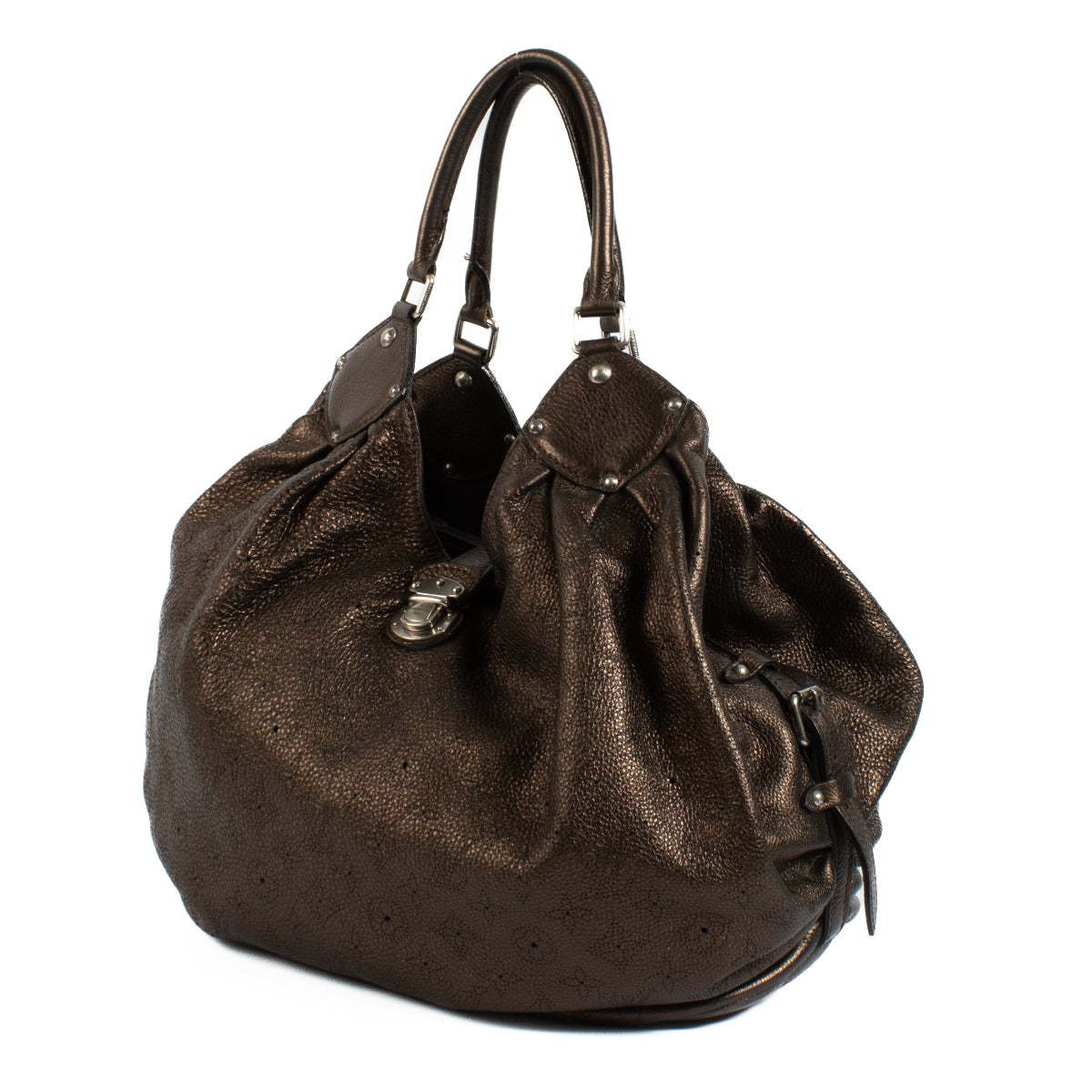 Shop safe online at Labellov in Antwerp, Brussels and Knokke this 100% authentic second hand Louis Vuitton Metallic Bronze Mahina Neo L Shoulder Bag