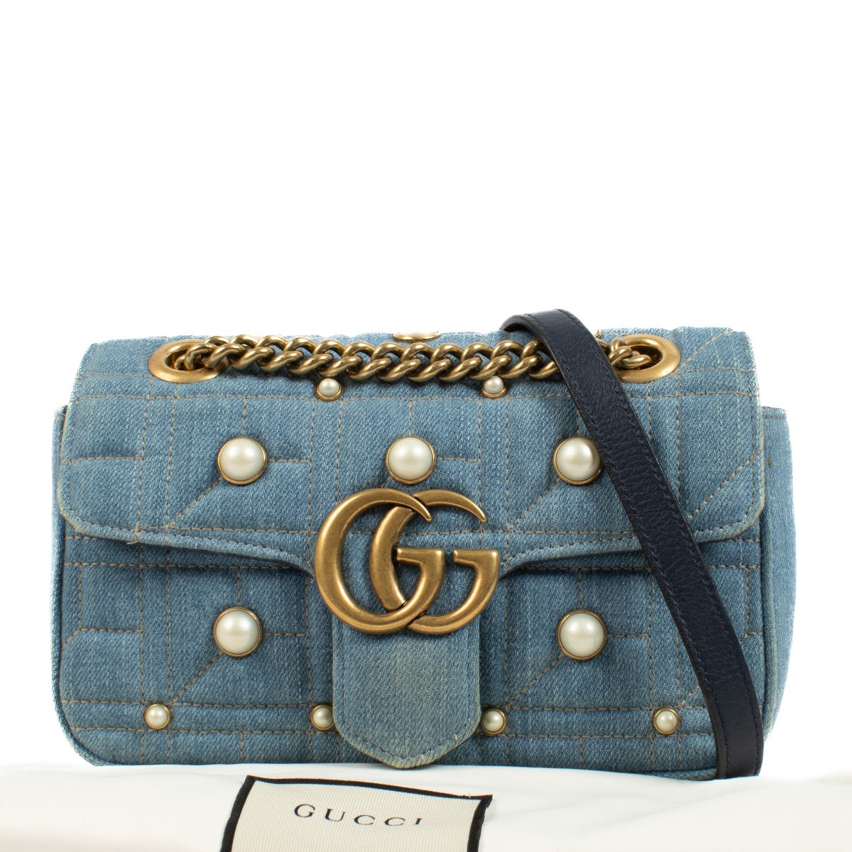 shop 100% authentic second hand Gucci Denim GG Marmont Pearl Studded Mini Bag on Labellov.com