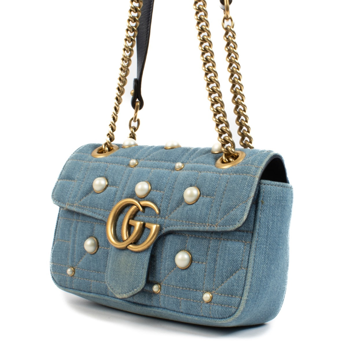 shop 100% authentic second hand Gucci Denim GG Marmont Pearl Studded Mini Bag on Labellov.com