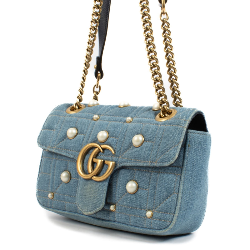 shop 100% authentic second hand Gucci Denim GG Marmont Pearl Studded Mini Bag on Labellov.com