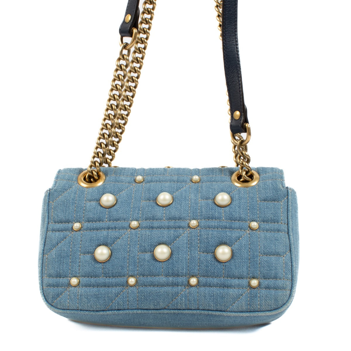 shop 100% authentic second hand Gucci Denim GG Marmont Pearl Studded Mini Bag on Labellov.com
