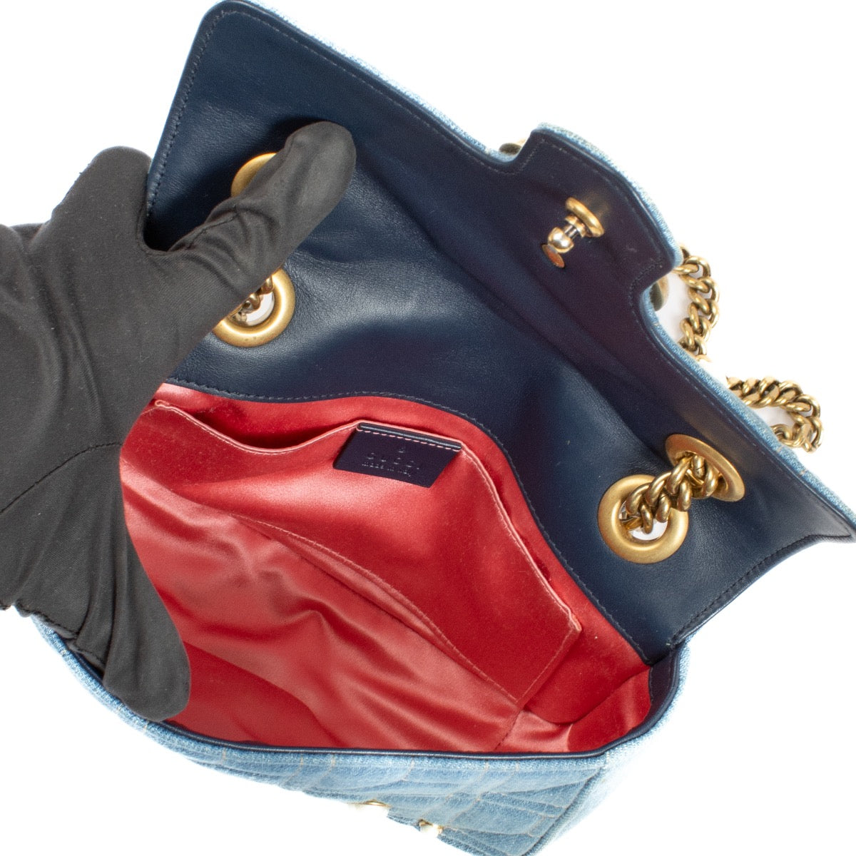shop 100% authentic second hand Gucci Denim GG Marmont Pearl Studded Mini Bag on Labellov.com