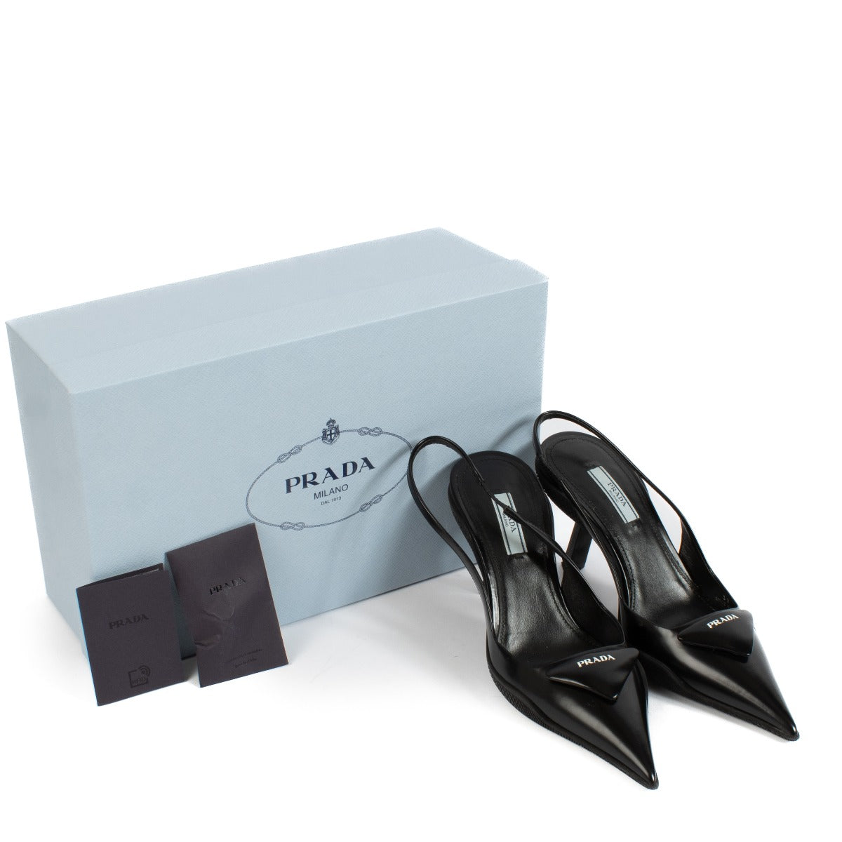 Shop safe online at Labellov in Antwerp, Brussels and Knokke this 100% authentic second hand Prada Black Logo Slingback Spazzolato Heels - Size 37