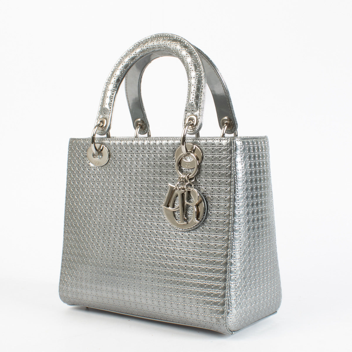 Christian Dior Silver Micro Cannage Medium Lady Dior Bag