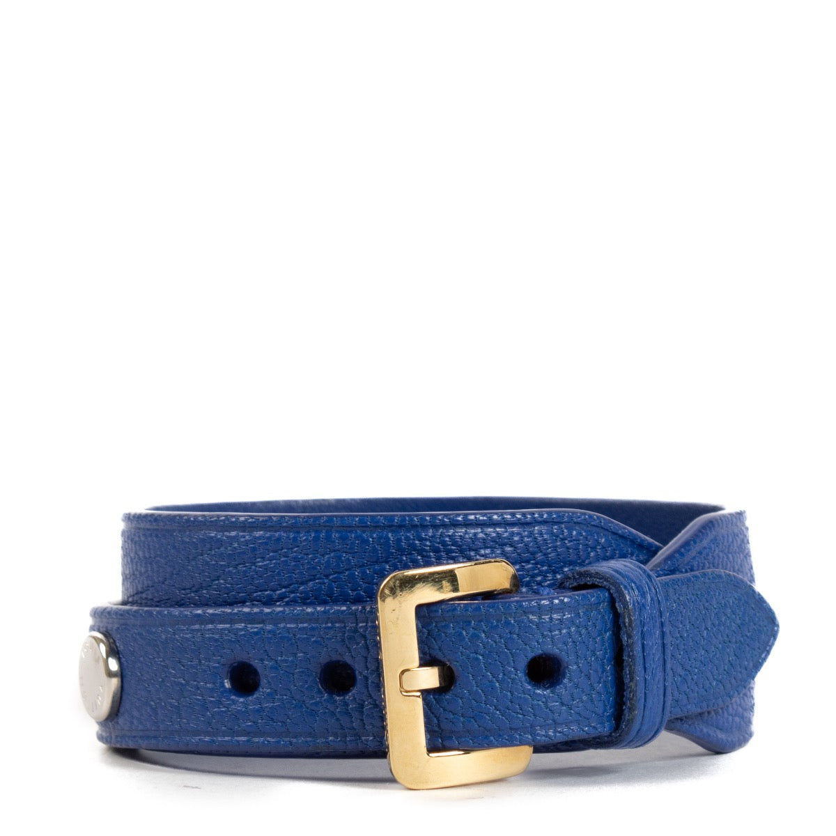 Shop safe online at Labellov in Antwerp and Knokke this 100% authentic second hand Louis Vuitton Blue Leather Wrap Spike It Bracelet