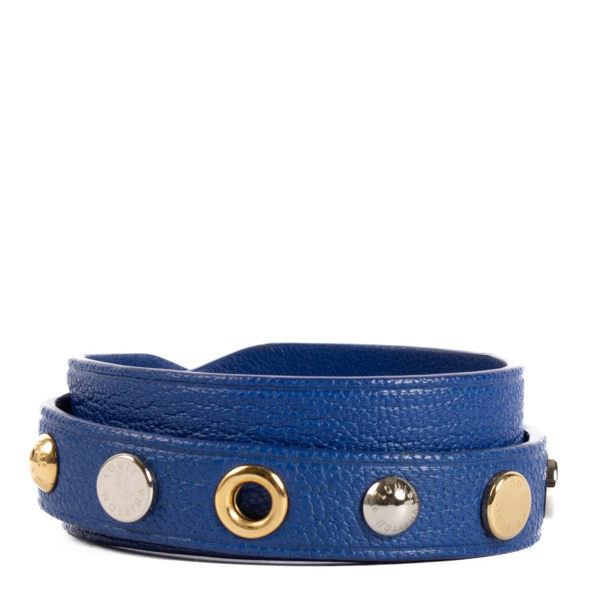 Shop safe online at Labellov in Antwerp and Knokke this 100% authentic second hand Louis Vuitton Blue Leather Wrap Spike It Bracelet