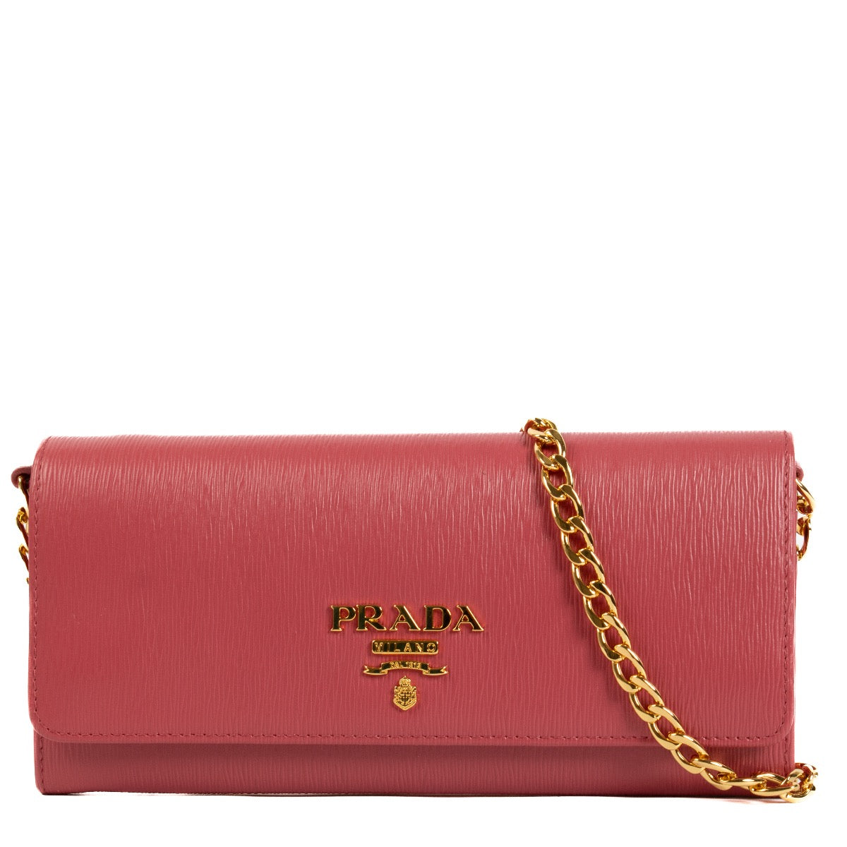 Shop safe online at Labellov in Antwerp and Knokke this 100% authentic second hand Prada Pink Saffiano Wallet On Chain Bag