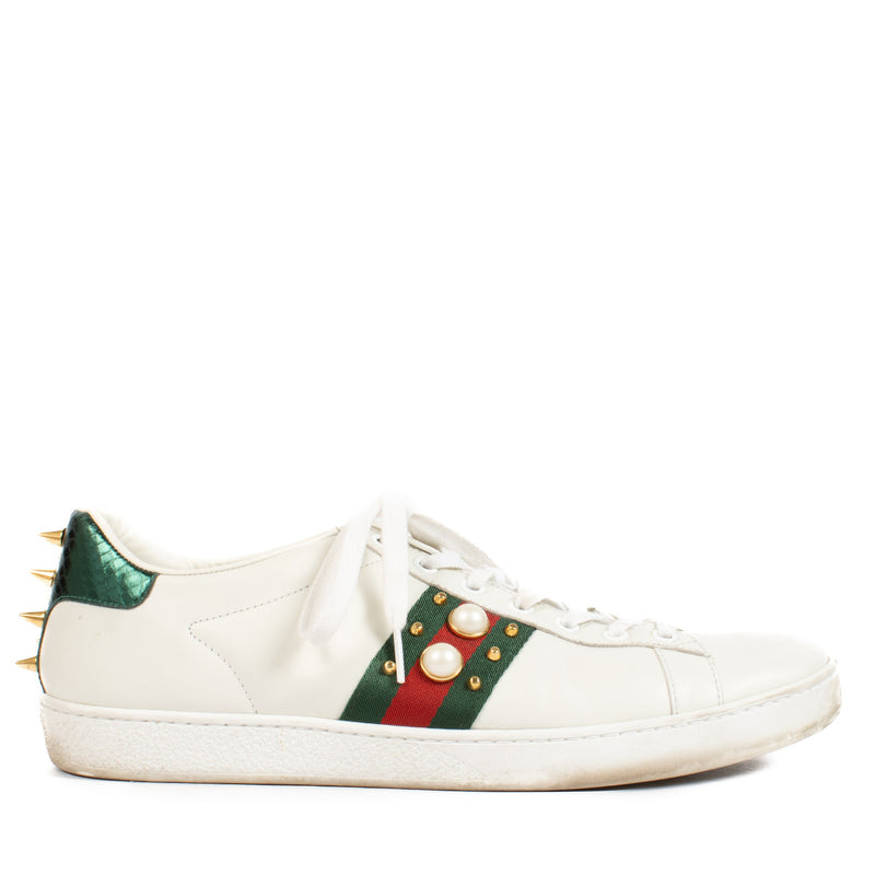 Gucci Witte Parelborduursels Web Ace Sneakers - maat 40.5