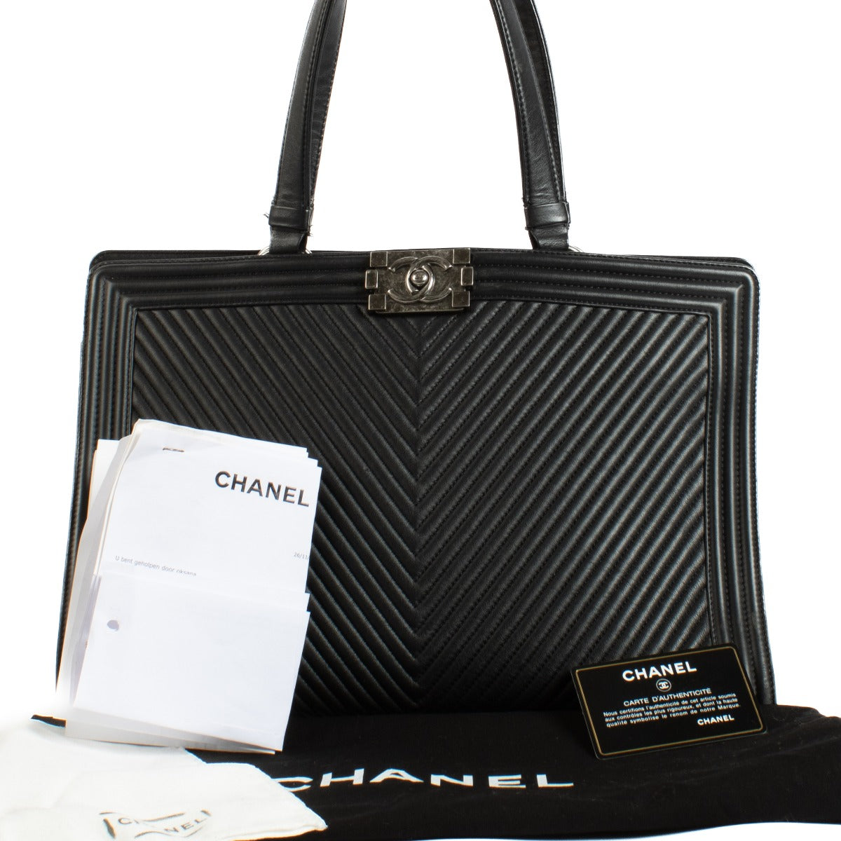 Shop safe online at Labellov in Antwerp, Brussels and Knokke this 100% authentic second hand Chanel Black Boy Tote Bag