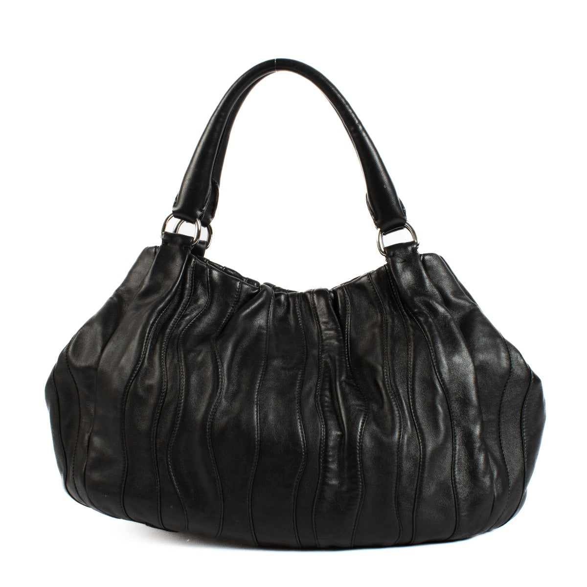 Shop safe online at labellov in Antwerp, Brussels and Knokke this 100% authentic second hand Prada Black Leather Waves Shoulder Bag
