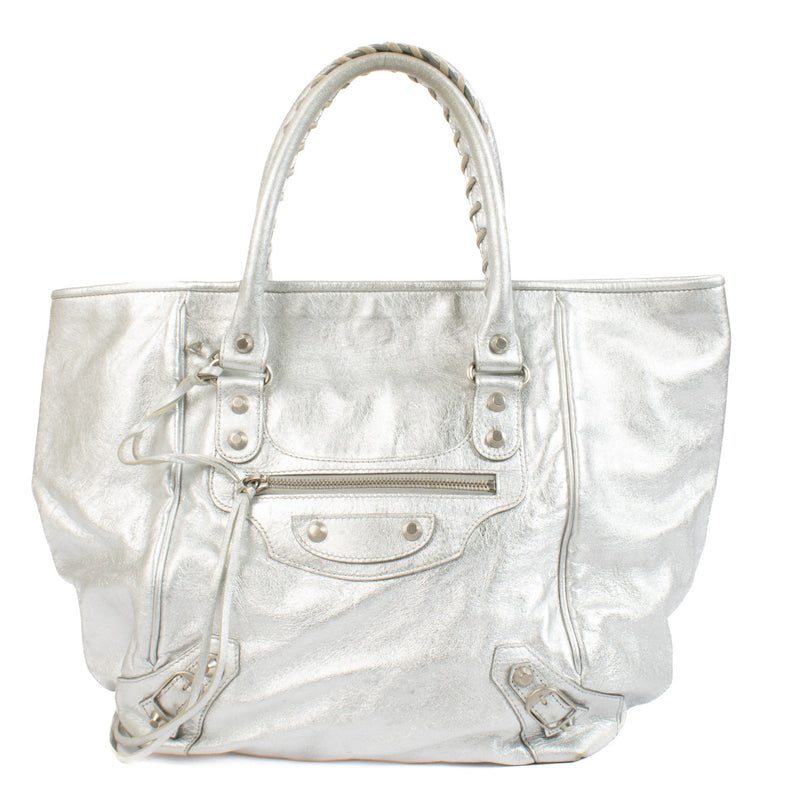 Balenciaga Metallic Silver Small Sunday Tote Bag