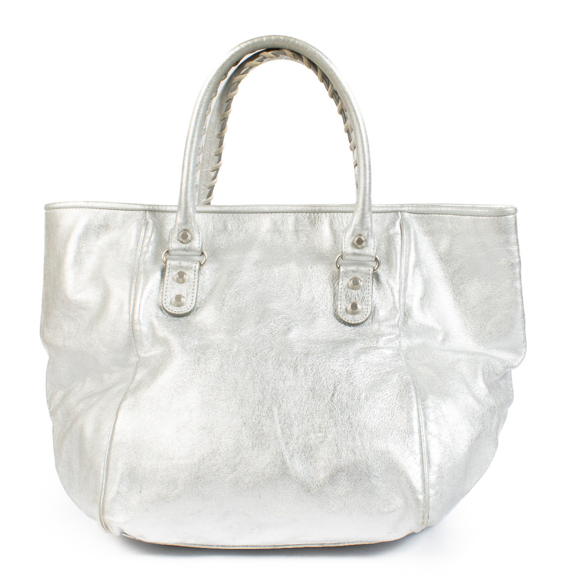 Sac cabas Sunday petit modèle en cuir métallisé argenté Balenciaga