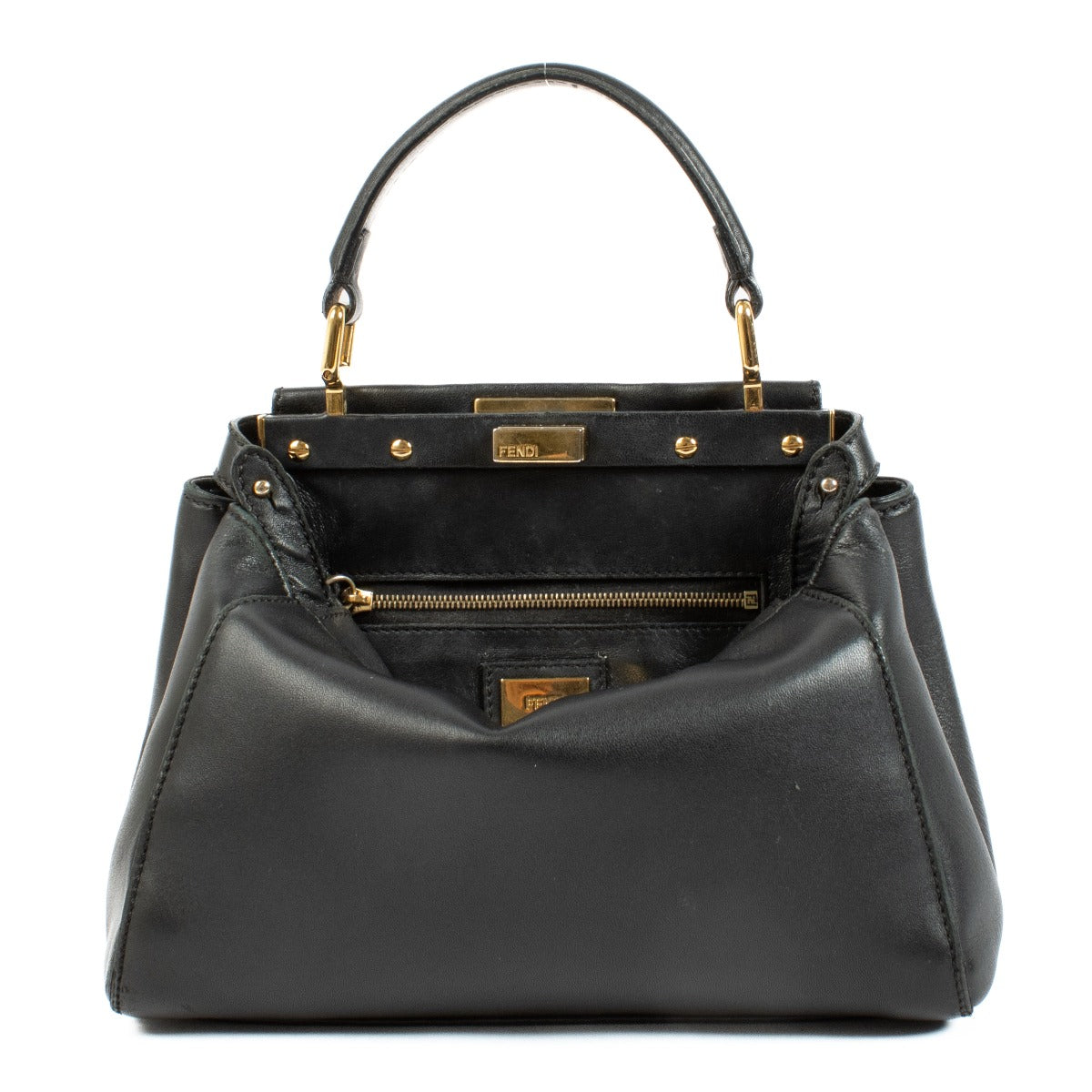 Discover the Fendi Black Mini Peekaboo Bag – a timeless luxury piece crafted from black leather with elegant gold hardware. Featuring a top handle and detachable strap, it's perfect for both everyday wear and evening outings. Shop this iconic designer han