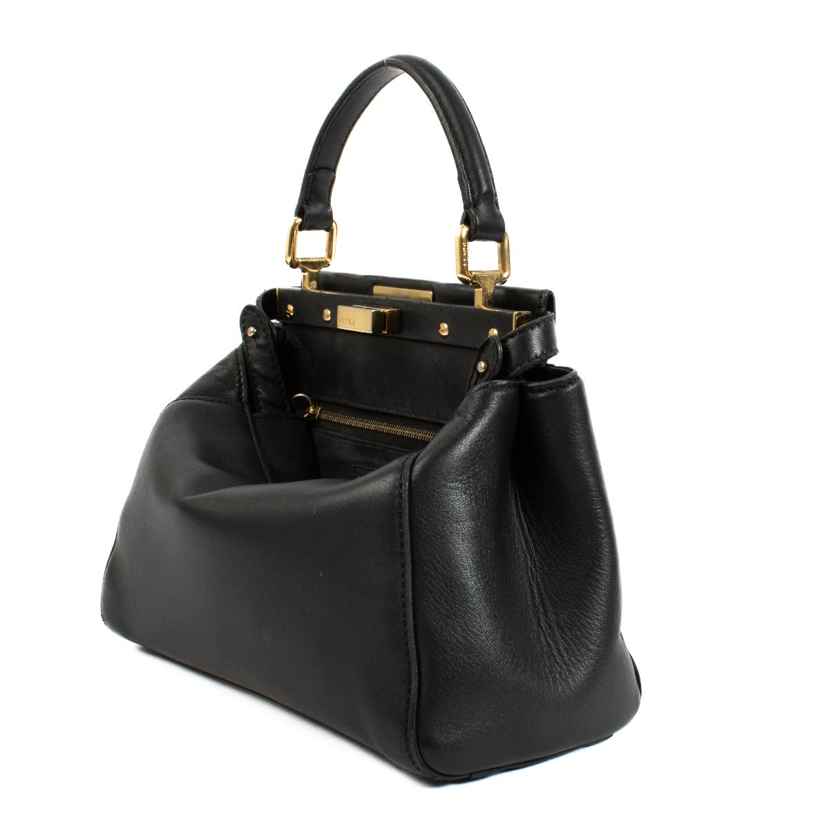 Discover the Fendi Black Mini Peekaboo Bag – a timeless luxury piece crafted from black leather with elegant gold hardware. Featuring a top handle and detachable strap, it's perfect for both everyday wear and evening outings. Shop this iconic designer han