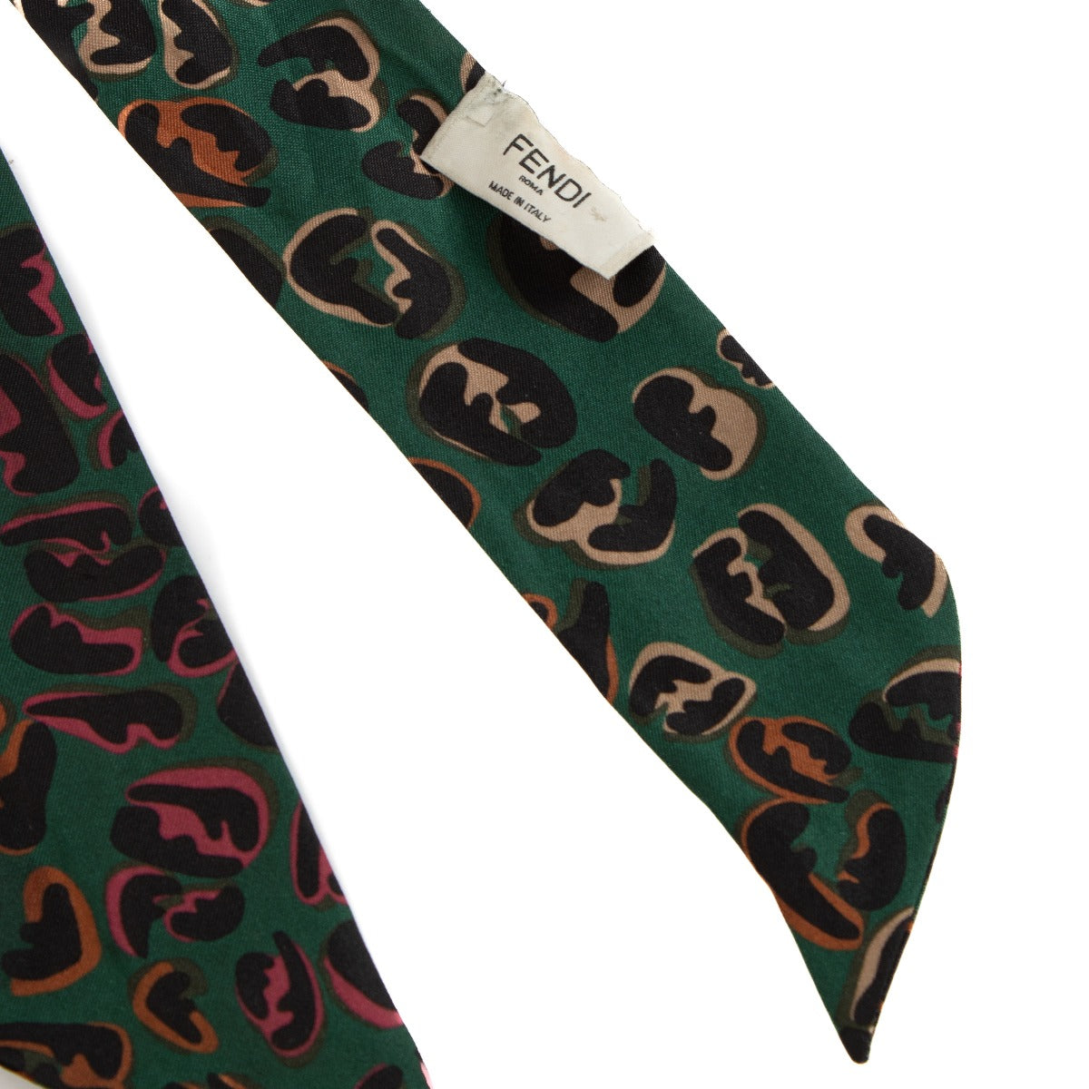 Fendi silk bandeau in green with orange and pink details, perfect for accessorizing a handbag handle, such as a Fendi Peekaboo. Shop now on Labellov.com.