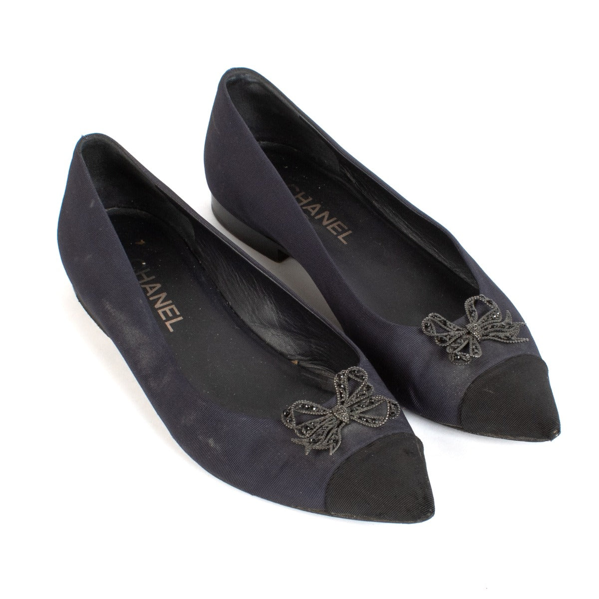 Chanel Blue Crystal Bow Pointy Ballerinas