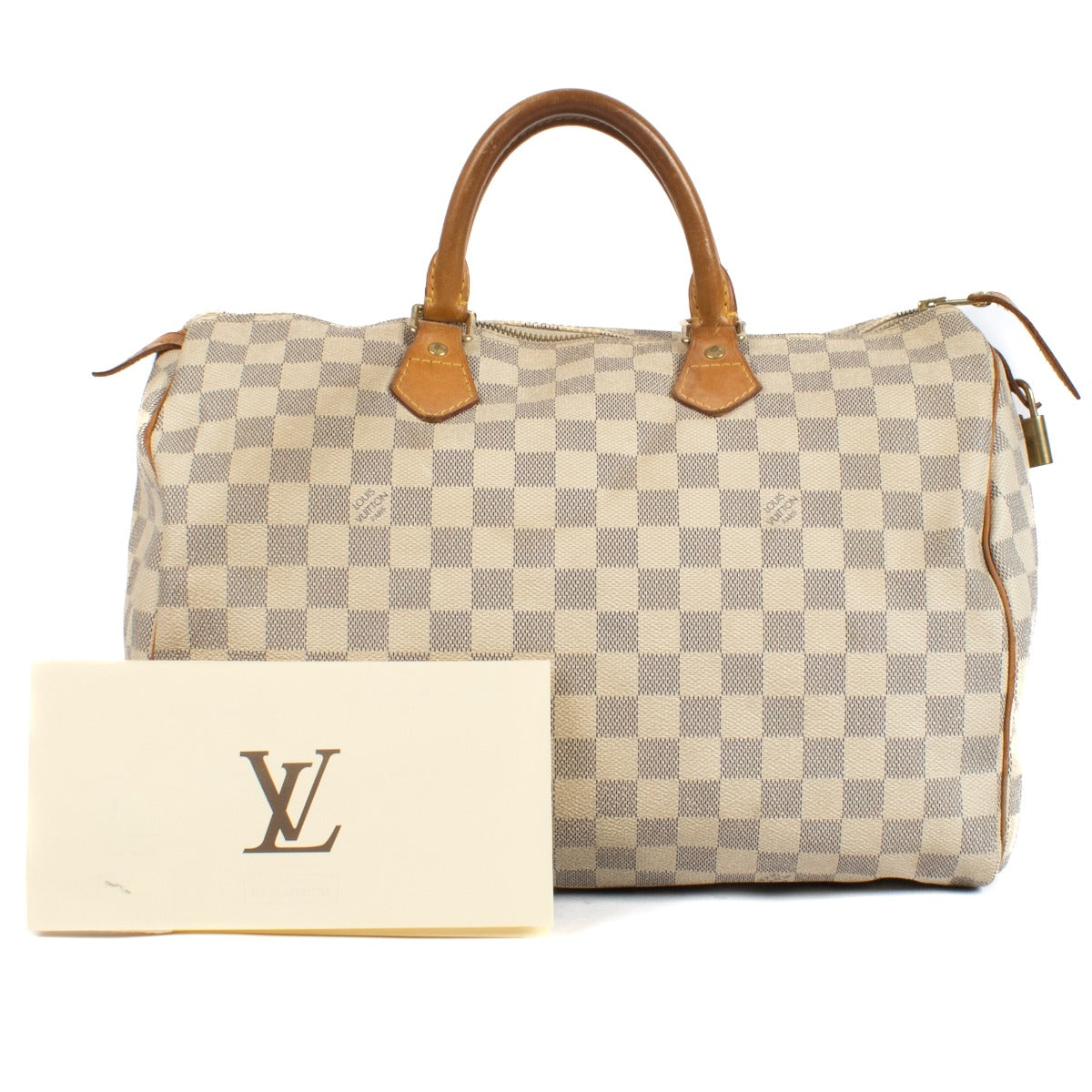 Shop safe online at Labellov in Antwerp, Brussels and Knokke this 100% authentic second hand Louis Vuitton Damier Azur Speedy 35 Top Handle Bag